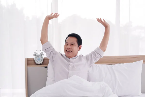 Asian Man Stretching Lazily Waking Bed Bedroom — Stock Photo, Image