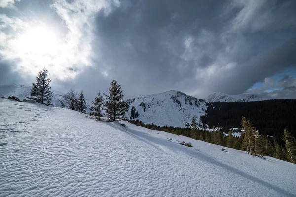 Zimní Hory Sněhem Pod Tmavou Zimní Oblohou — Stock fotografie