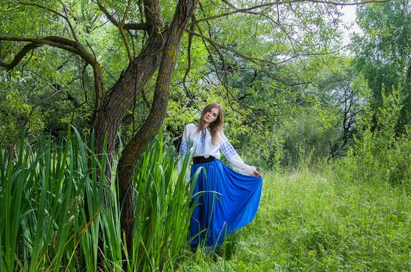 Девушка Длинной Голубой Юбке Вышитой Рубашке Среди Зеленого Луга Болотной — стоковое фото
