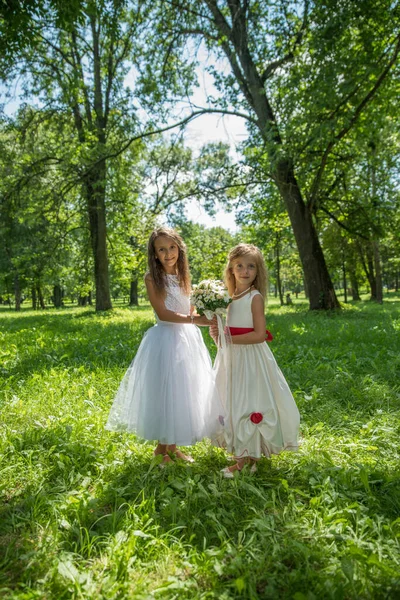 Две маленькие девочки-сестры в белых платьях в парке среди летней зелени на фоне солнца. — стоковое фото