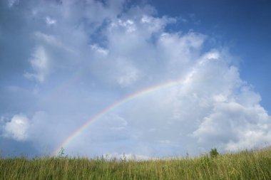 Yaz yağmurundan sonra mavi bulutlu gökyüzü ve renkli gökkuşağı.
