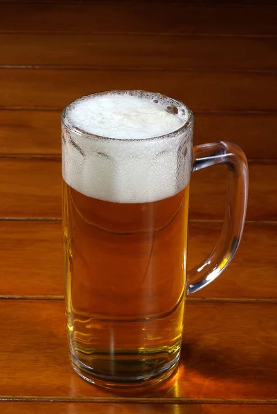 One Glass Mug Lager Porter Delicious Frothy Beer Wooden Tabletop — Stock Photo, Image