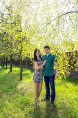 Birbirine aşık bir çift, bir adam ve bir kadın huş ağacının dalları arasında genç bahar yeşil yapraklarıyla.