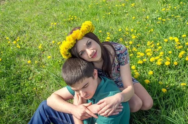 Young Man Woman Love Field Yellow Flowers Blooming Dandelions Woman — Stok fotoğraf