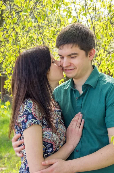 Couple Love Man Woman Branches Birch Young Spring Green Leaves — Stok fotoğraf