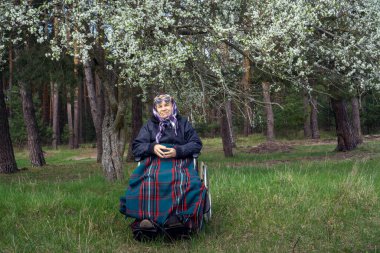 Tekerlekli sandalyedeki yalnız yaşlı kadın, sıcak bir battaniyeye sarılmış, bir bahar çiçeği ağacının altında.