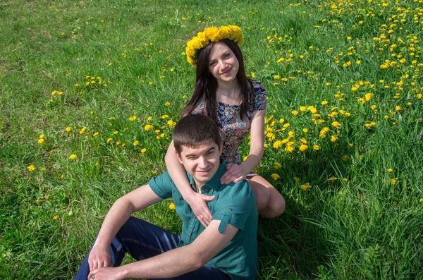 Young Man Woman Love Field Yellow Flowers Blooming Dandelions Woman — Stok fotoğraf