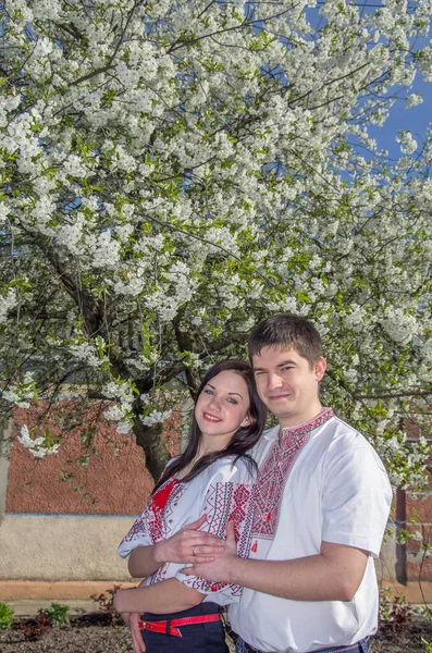Bahar Bahçesinde Çiçek Açan Bir Ağacın Yanında Beyaz Işlemeli Gömlekli — Stok fotoğraf