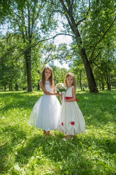 太陽の裏側の夏の緑の中の公園の白いドレスの2人の女の子姉妹 — ストック写真