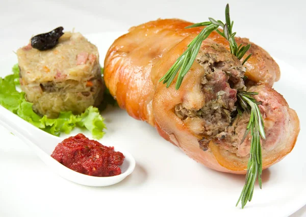 Appetizing Baked Pork Galyonka White Plate Spices Herbs — Zdjęcie stockowe