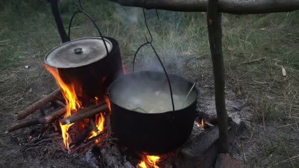 Їжа Готується Вогні Димчастих Чорних Туристичних Котлах — стокове відео