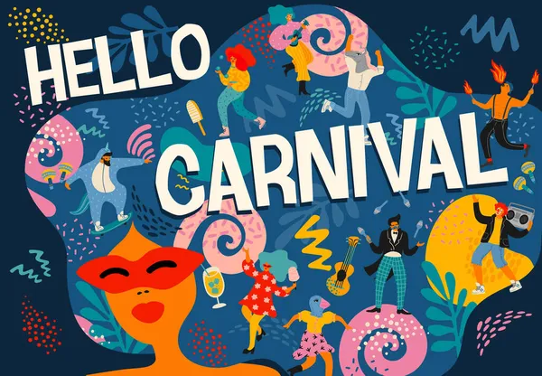 Hola Carnaval. Ilustración vectorial de divertidos hombres y mujeres bailando en trajes modernos brillantes . — Vector de stock