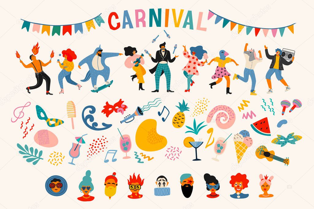 Carnival. Vector set. People in carnival costumes, faces, masks, symbols, abstract forms