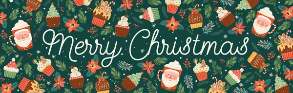 Banner de Navidad y Feliz Año Nuevo con dulce y bebida de Navidad. — Vector de stock