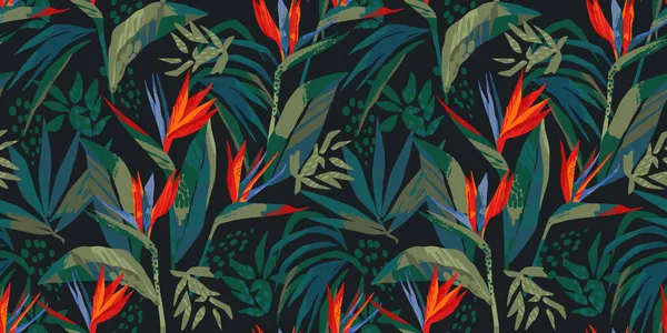 Nahtlose abstrakte Kunst mit tropischen Blättern und Blüten. — Stockvektor