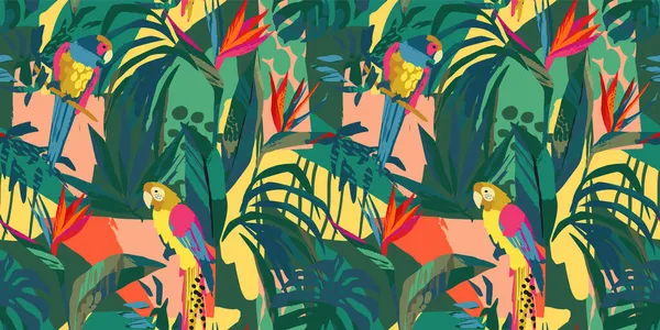 Arte abstracto patrón sin costuras con loros y plantas tropicales. Diseño exótico moderno — Archivo Imágenes Vectoriales