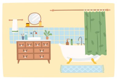 Banyo içi. Rahat bir ev. Şirin vektör illüstrasyonu.