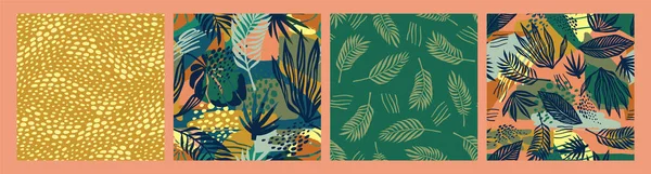 Set of abstract art seamless patterns with tropical leaves. Modern exotic design — Stock Vector