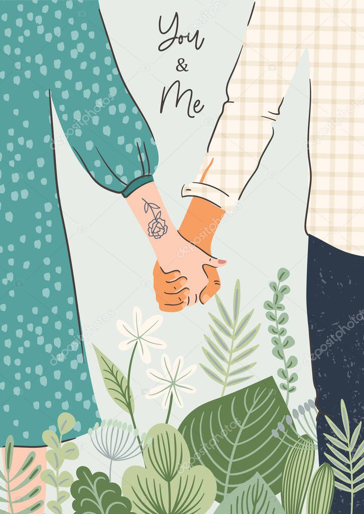 Romantic illustration with male and female hands. Love, love story, relationship. Vector Valentines Day