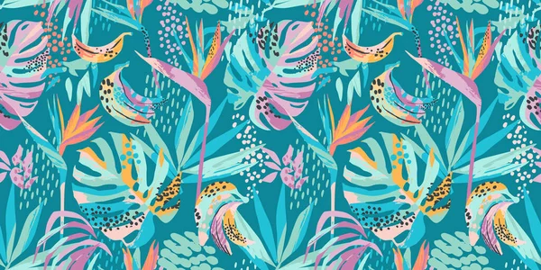 Arte abstracto patrón sin costuras con hojas tropicales y flores. Diseño exótico moderno — Vector de stock