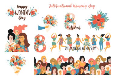 Uluslararası Kadınlar Günü. Kadınlar ve çiçekler. Çizimler ve yazıtlar. Vektör ortamı.