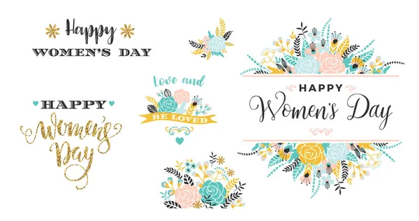 Happy Womens Day. Illustrations of flowers and inscriptions. Vector clipart. — Stock Vector