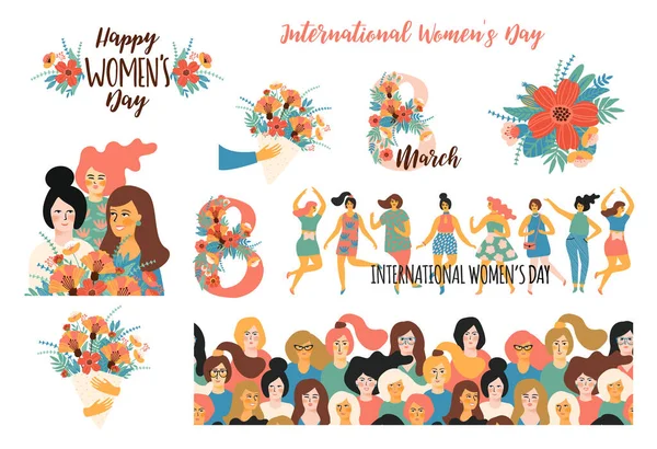 International Womens Day. Women and flowers. Illustrations and inscriptions. Vector clipart. — Stock Vector