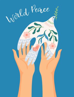 Dünya barışı. Barış güvercini ve elleri. Vektör çizimi. Kart, poster, broşür ve diğer kullanım ögeleri