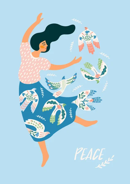 Peace Woman Dove Peace Vector Illustration Elements Card Poster Flyer — Stockvektor