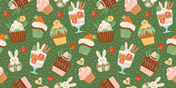 Easter Seamless Pattern Funny Sweets Cupcake Cake Dessert Easter Symbols — Vettoriale Stock