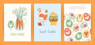 Easter illustrations with funny sweets. Cupcake, cake, dessert with easter symbols. Vector design templates.