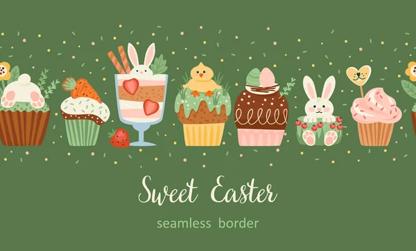 Easter Seamless Border Funny Sweets Cupcake Cake Dessert Easter Symbols — Stock Vector