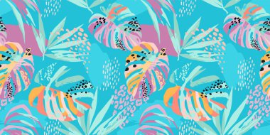 Tropikal yapraklı, soyut, kusursuz desen. Kağıt, kapak, kumaş, iç dekorasyon ve diğer kullanıcılar için modern egzotik tasarım.