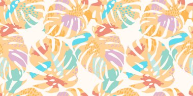 Tropikal yapraklı, soyut, kusursuz desen. Kağıt, kapak, kumaş, iç dekorasyon ve diğer kullanıcılar için modern egzotik tasarım.