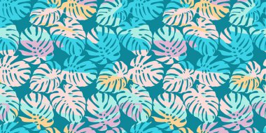 Tropikal yapraklı, soyut, kusursuz desen. Kağıt, kapak, kumaş, iç dekorasyon ve diğer kullanıcılar için modern egzotik tasarım.