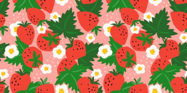 Strawberry ile vektörsüz desen. Moda el yapımı kumaşlar. Kağıt, kapak, kumaş, iç dekorasyon ve diğer kullanıcılar için modern soyut tasarım.