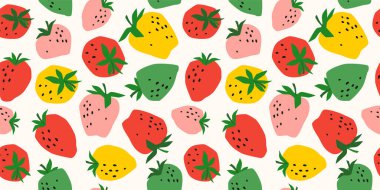 Strawberry ile vektörsüz desen. Moda el yapımı kumaşlar. Kağıt, kapak, kumaş, iç dekorasyon ve diğer kullanıcılar için modern soyut tasarım.