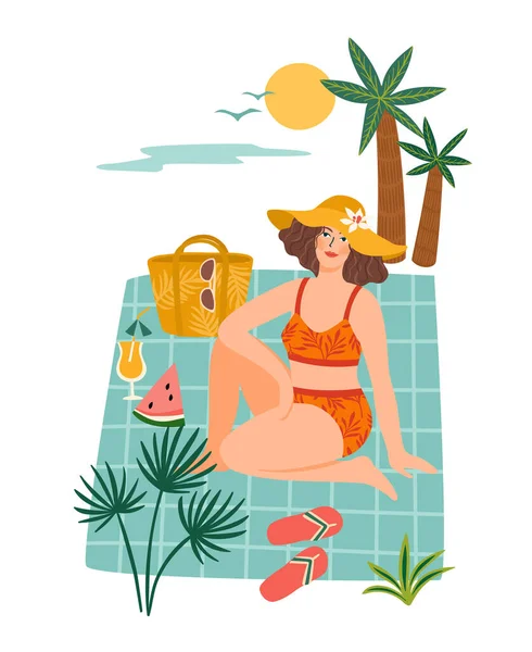熱帯のビーチで水着の女性のベクトルイラスト 夏休み 夏のコンセプトやその他の使用のためのデザイン要素 — ストックベクタ