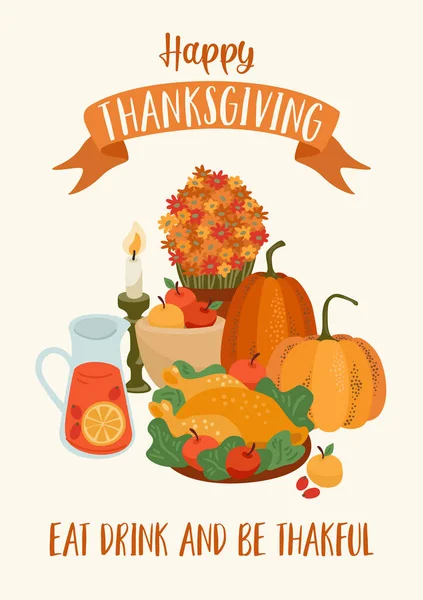 Happy Thanksgiving Illustration Festive Table Vector Design Card Poster Flyer — Διανυσματικό Αρχείο