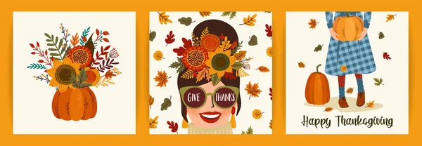 Happy Thanksgiving Illustrations Set Vector Designs Card Poster Flyer Web — Διανυσματικό Αρχείο