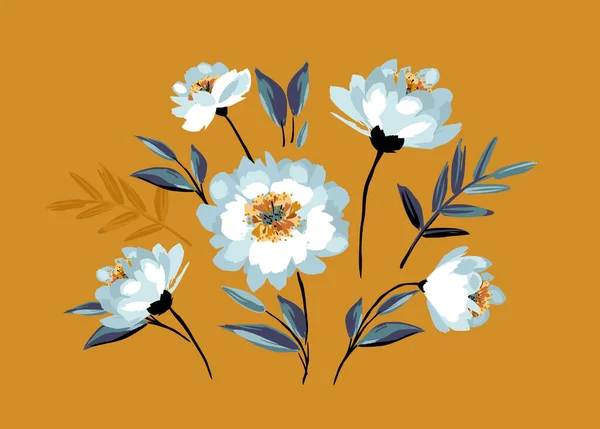 Set Floral Design Elements Leaves Flowers Grass Branches Vector Illustration — Vettoriale Stock