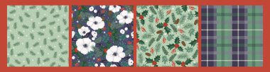 Christmas and Happy New Year seamless patterns. Christmas tree, flowers, berries, plaid. New Year backgrounds. Vector design templates.