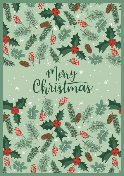 Christmas Happy New Year Illustration Spruce Branches Leaves Berries Snowflakes — 图库矢量图片