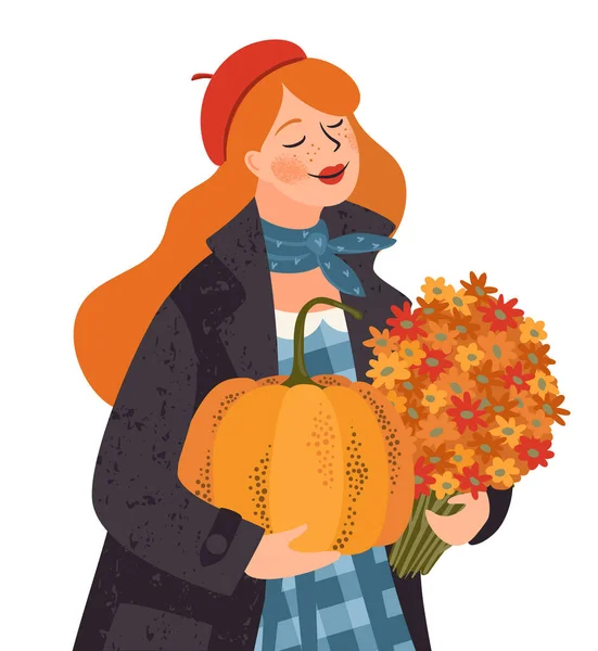 Happy Thanksgiving Isolated Illustration Cute Lady Pumpkin Flowers Vector Design — 스톡 벡터