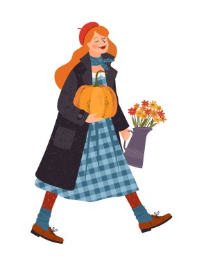 Happy Thanksgiving isolated illustration. Cute lady with pumpkin and flowers. Vector design for card, poster, flyer, web and other use