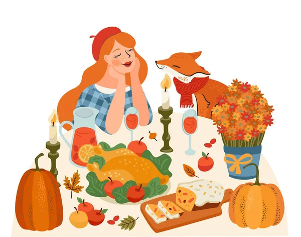 Счастливого Дня Благодарения Изолированная Иллюстрация Милая Леди Лисой Праздничным Столом — стоковый вектор