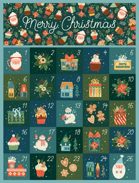 December Advent Calendar Cute Christmas Illusstrations New Year Symbols Vector — Stock vektor