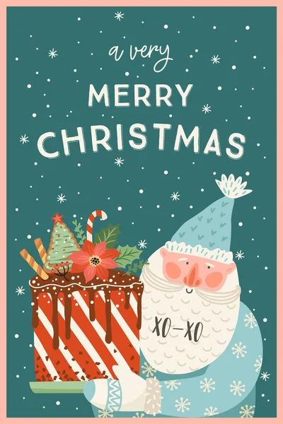 Navidad Feliz Año Nuevo Ilustración Santa Con Pastel Estilo Retro — Archivo Imágenes Vectoriales