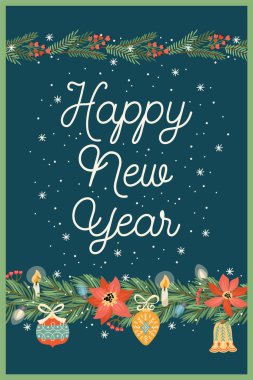 Noel ve dekoratif çelenkli mutlu yeni yıl illüstrasyonları. Noel ağacı, çiçekler, böğürtlen. Yeni yıl sembolleri. Vektör tasarım şablonu.