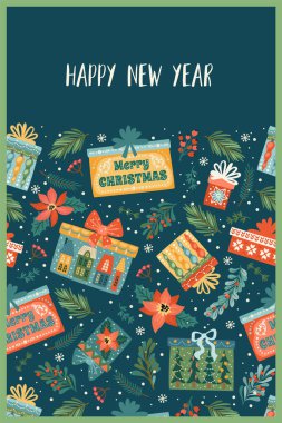 Noel ve hediye kutularıyla mutlu yıllar illüstrasyonu. Moda modası. Vektör tasarım şablonu.